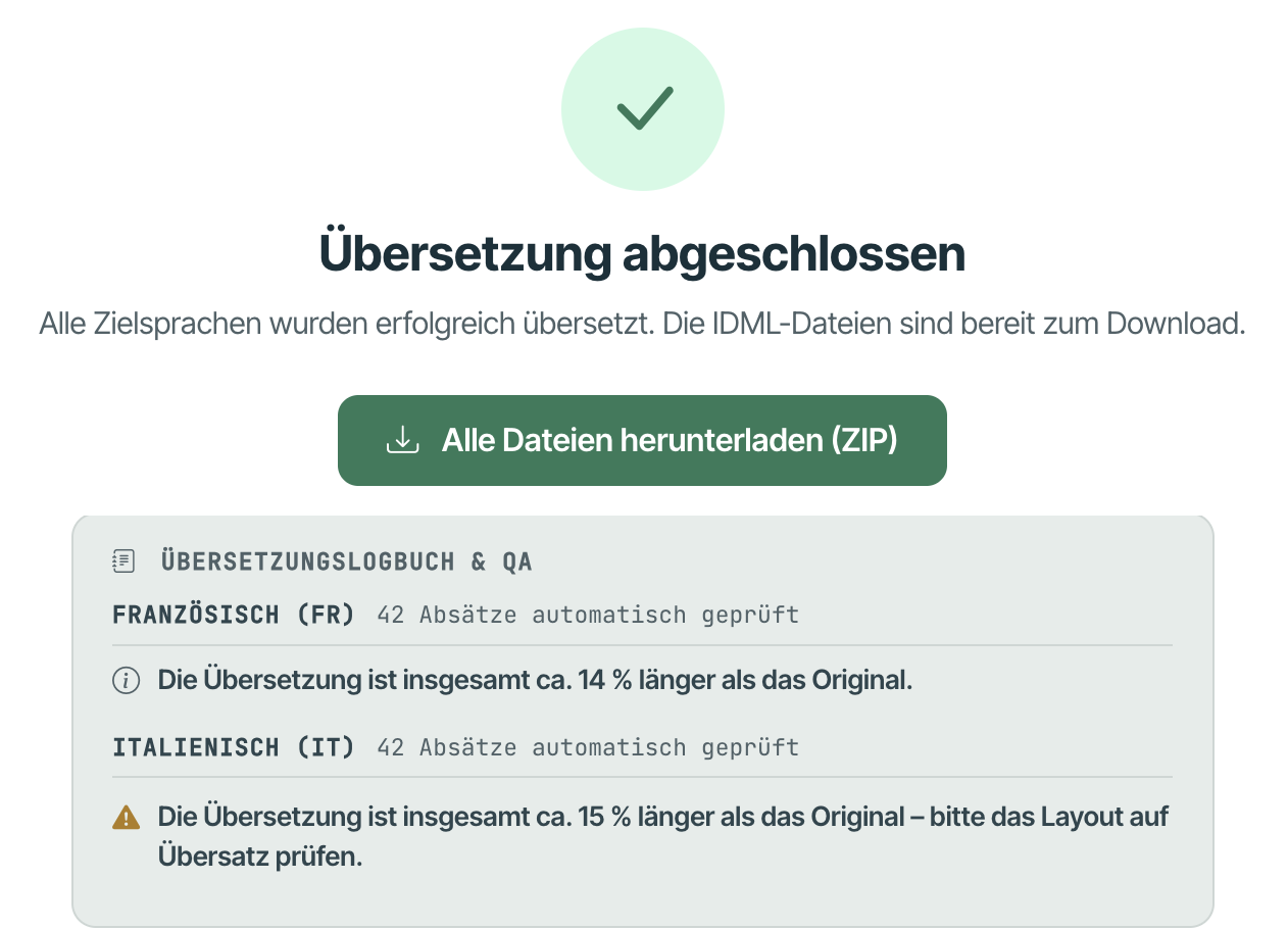 Übersetzung abgeschlossen in manilo: ZIP-Download aller Sprachversionen und automatisches QA-Logbuch mit Hinweis auf Textexpansion