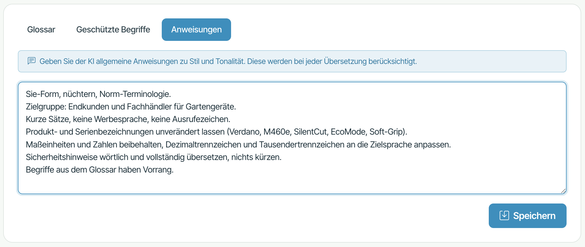 Anweisungen in manilo: Vorgaben zu Anrede, Tonalität und Terminologie