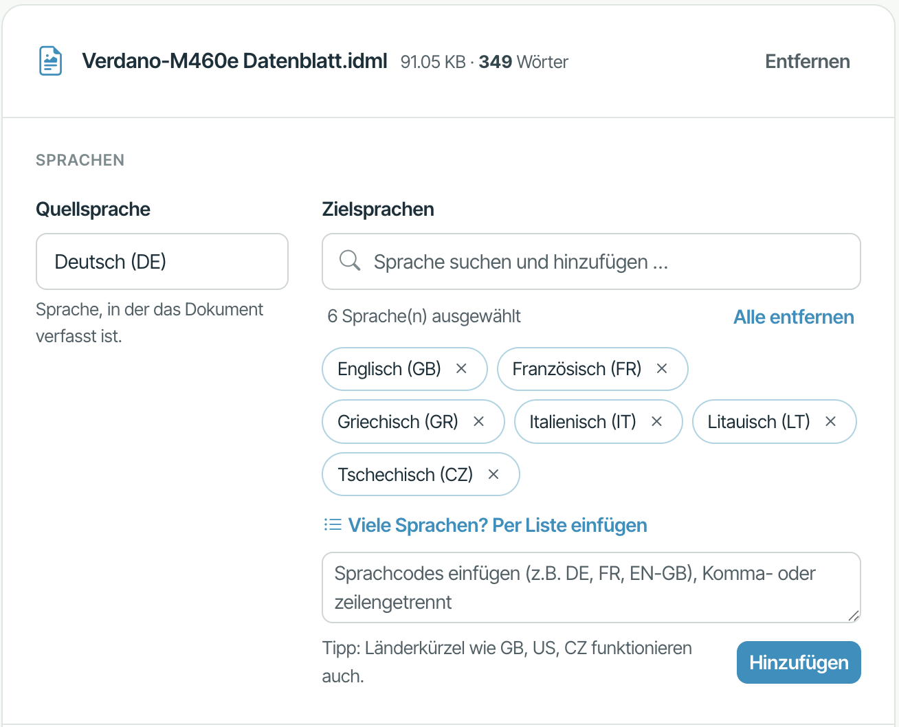 Zielsprachen in manilo auswählen, hier sechs Sprachen für ein Datenblatt