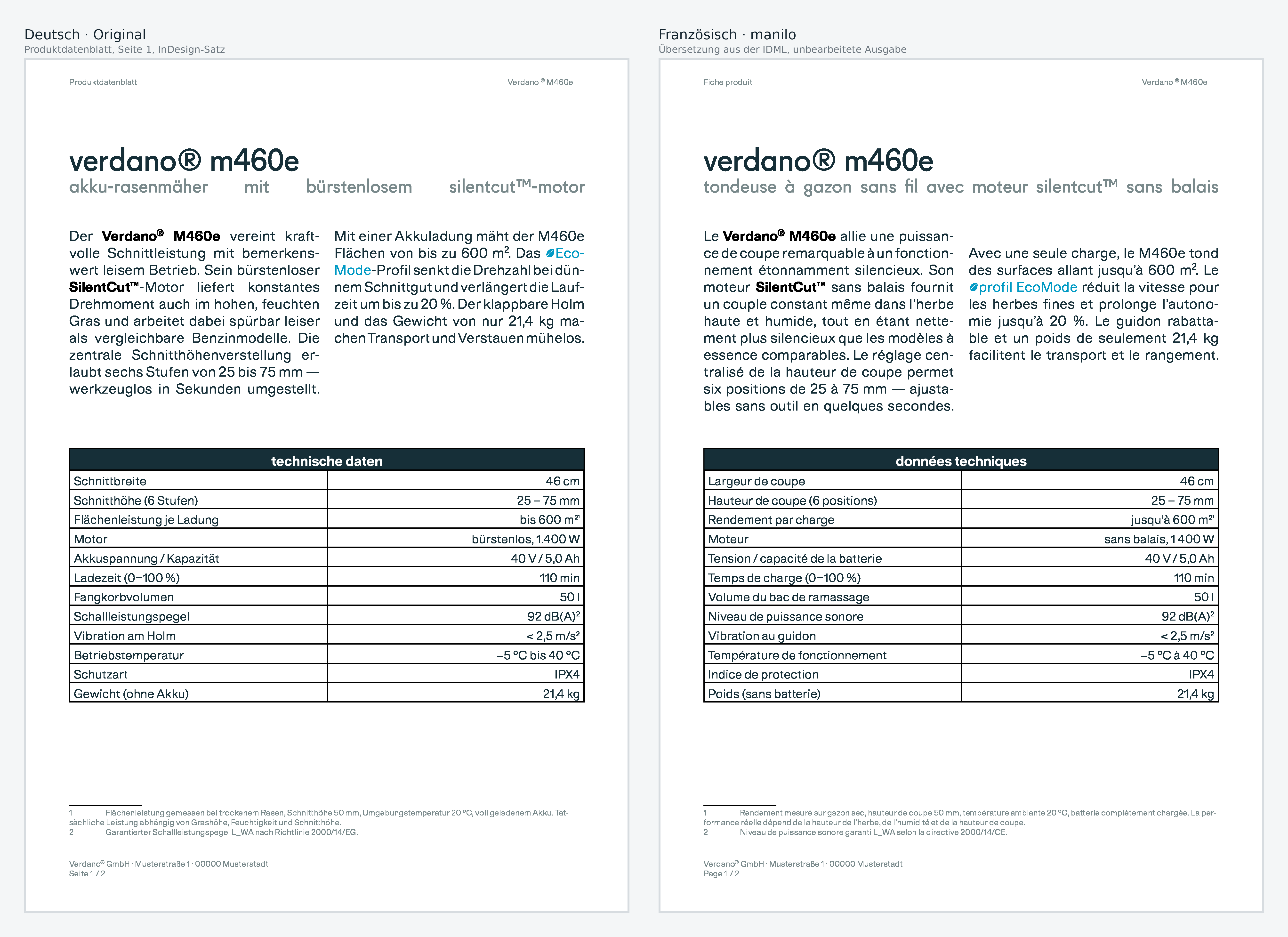 Produktdatenblatt Verdano M460e: deutsches Original und französische Übersetzung aus manilo, gleiches Layout