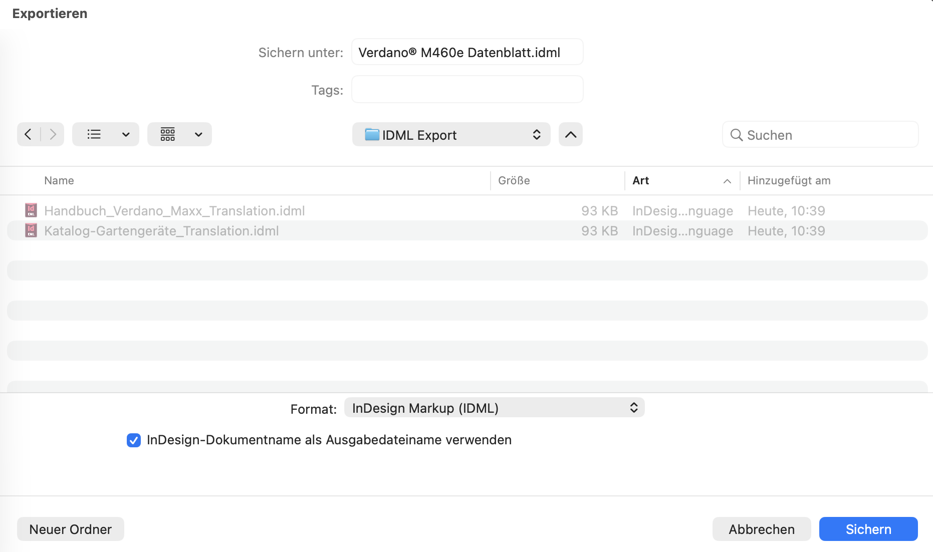 InDesign-Exportdialog mit Format InDesign Markup (IDML)