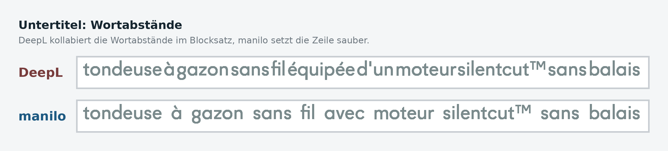 Praxistest Verdano M460e, Untertitel: DeepL staucht die Wortabstände im Blocksatz, manilo setzt die Zeile sauber